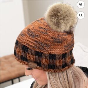 C.C Knit Beanie Cinnamon with Fur Pom Pom